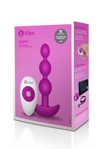 Анальные шарики с пультом, 2 мотора B-Vibe TRIPLET ANAL BEADS, фуксия BV-005 FUC фото