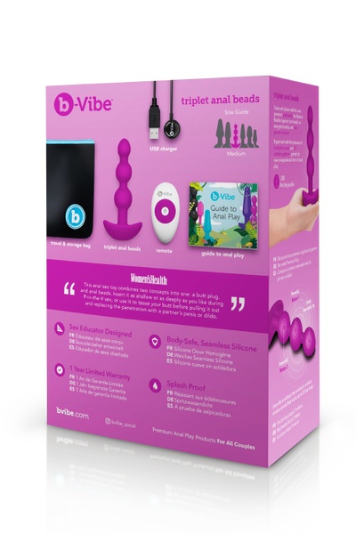 Анальные шарики с пультом, 2 мотора B-Vibe TRIPLET ANAL BEADS, фуксия BV-005 FUC фото