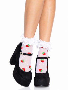 Шкарпетки жіночі з полуничним принтом Leg Avenue Strawberry ruffle top anklets One size, мереживні манж SO8583 фото