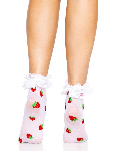 Шкарпетки жіночі з полуничним принтом Leg Avenue Strawberry ruffle top anklets One size, мереживні манж SO8583 фото