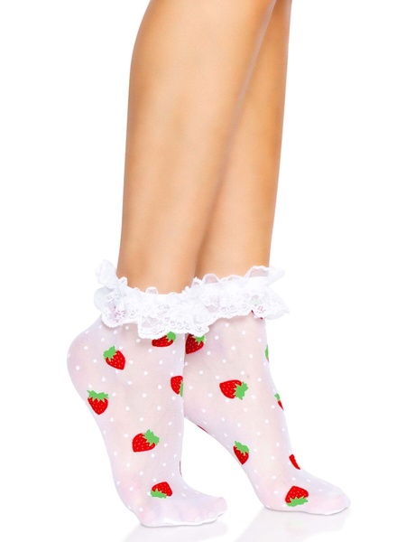 Носки женские с клубничным принтом Leg Avenue Strawberry ruffle top anklets One size, кружевные манж SO8583 фото