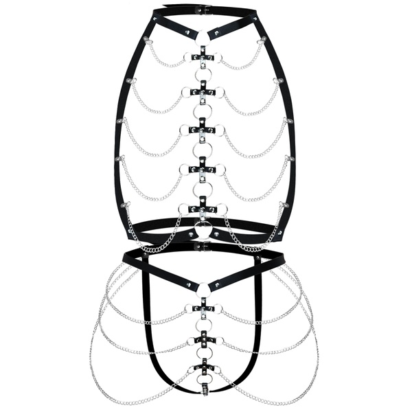 Набор портупея + трусики из кожи с цепочками Art of Sex - Cross, размер XS-M, цвет черный SO9817 фото
